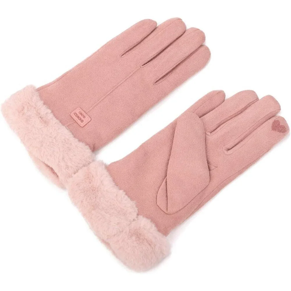 Women's Faux Suede Gloves Furry Cuffs Touchscreen Warm Fleece Lined